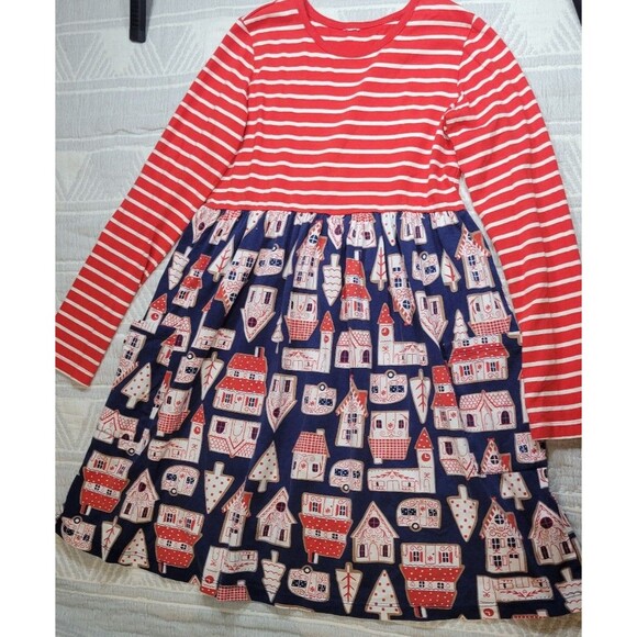 Hanna Andersson Holiday Play Dress – Red Stripes & Gingerbread Village Print - Picture 1 of 10